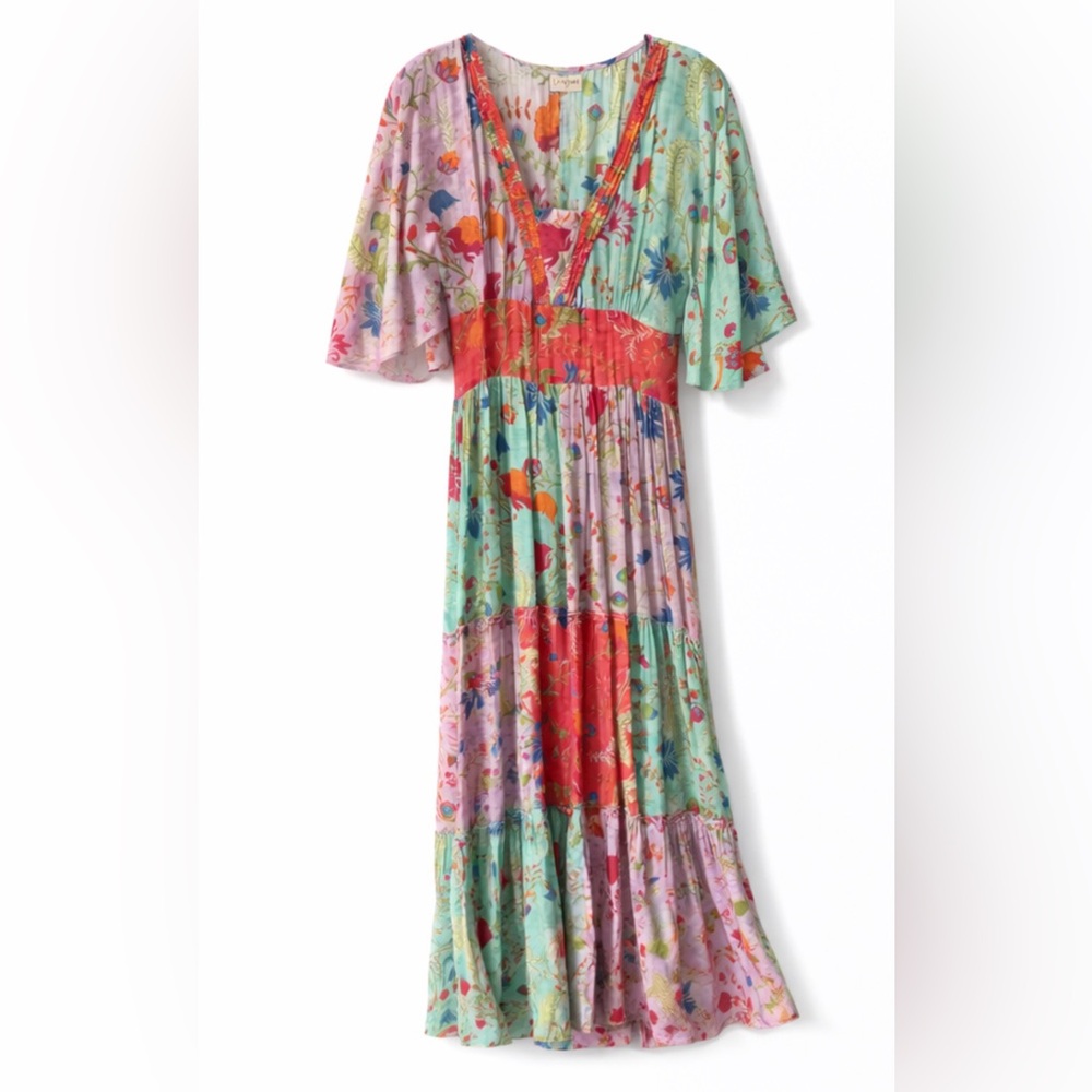 LulaSoul Patchwork Floral Tiered Midi Dress Smocked Waist Size S